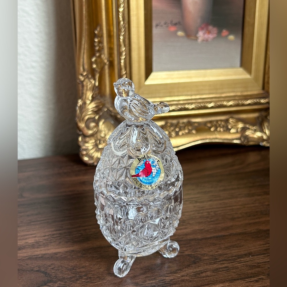 Vintage HOFBAUER BYRDES Lead Crystal Dish Bird Topper Egg Shape 3 Footed